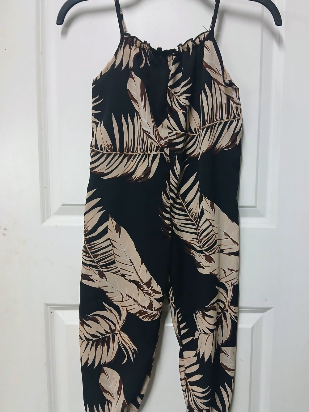 SHEIN Black Jumpsuit with Cream Tropical Leaf Print